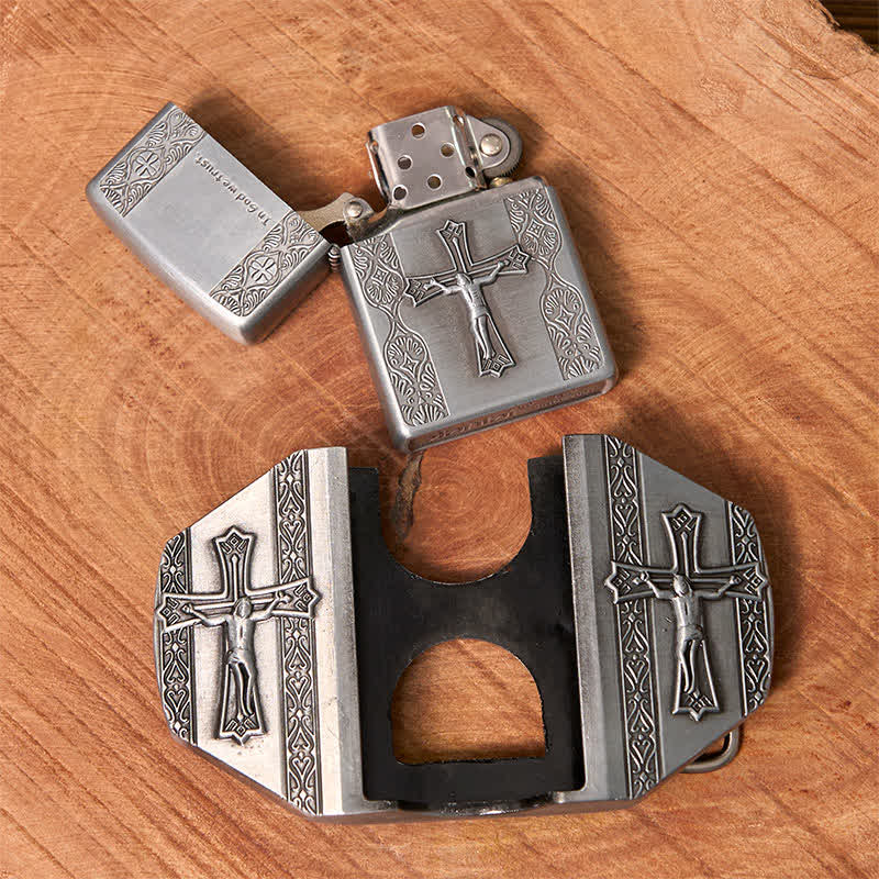 Men's DIY Jesus Cross Leather Belt with Hidden Lighter