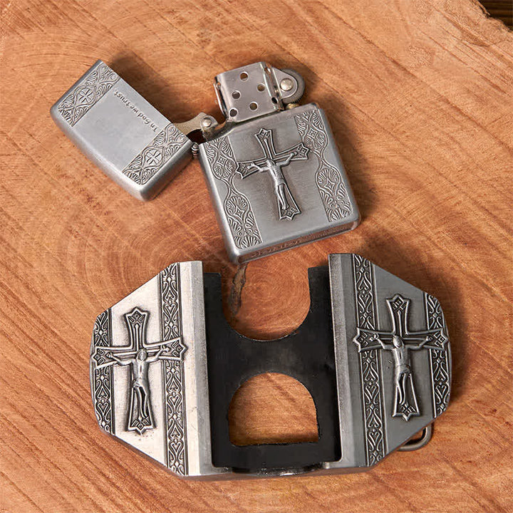 Men's DIY Jesus Cross Leather Belt with Hidden Lighter