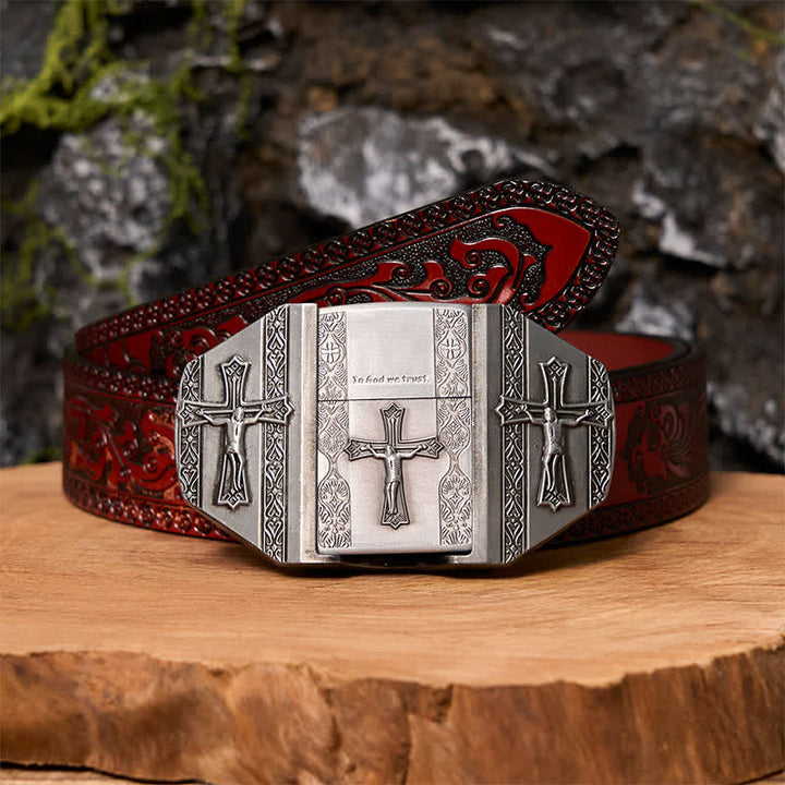 Men's DIY Jesus Cross Leather Belt with Hidden Lighter