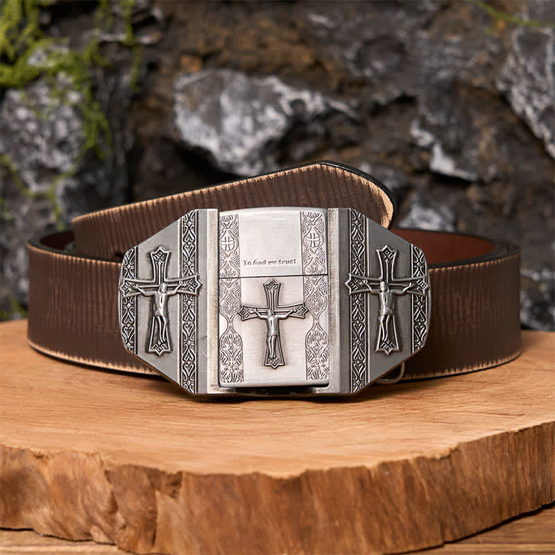 Men's DIY Jesus Cross Leather Belt with Hidden Lighter - Cross - Brown Distressed Belt - 42 - image 7