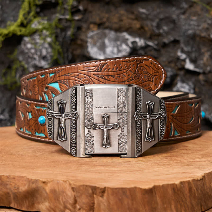 Men's DIY Jesus Cross Leather Belt with Hidden Lighter