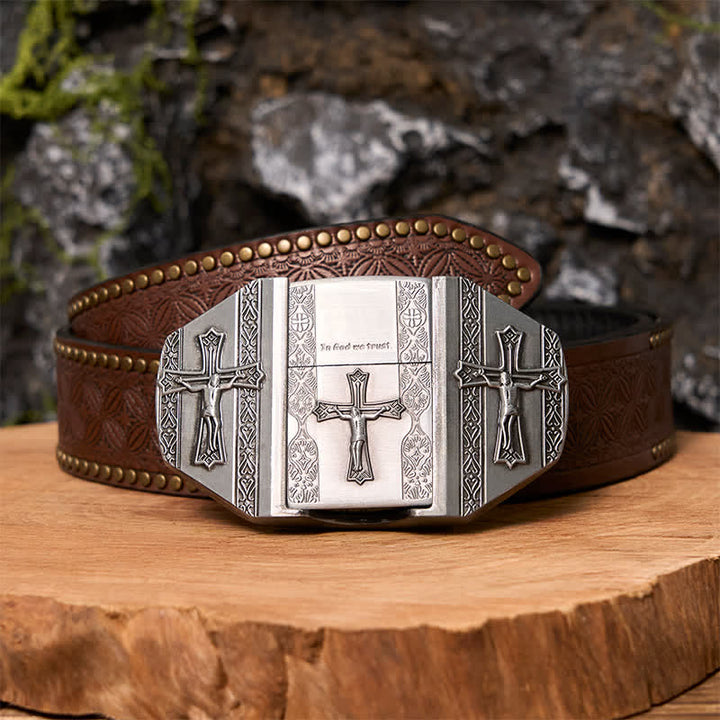 Men's DIY Jesus Cross Leather Belt with Hidden Lighter