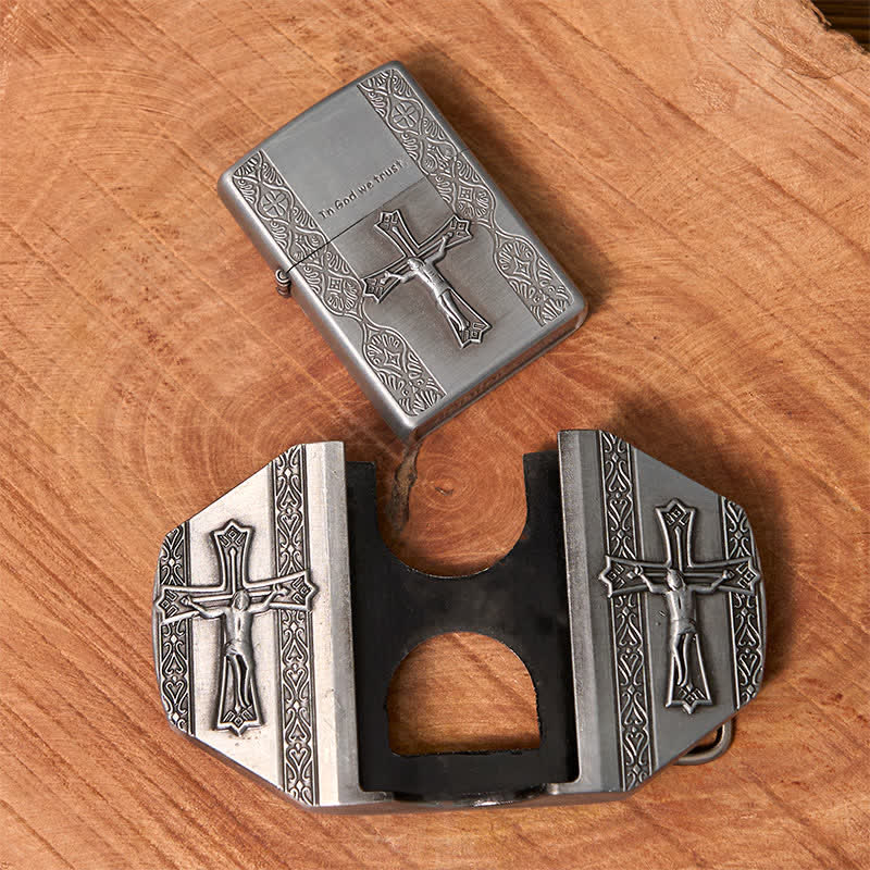 Men's DIY Jesus Cross Leather Belt with Hidden Lighter