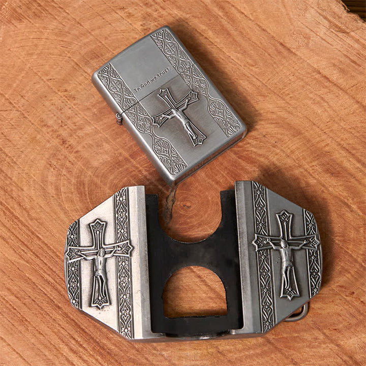 Men's DIY Jesus Cross Leather Belt with Hidden Lighter