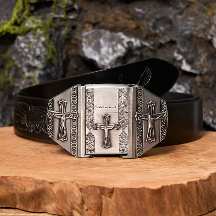 Men's DIY Jesus Cross Leather Belt with Hidden Lighter - Cross - Black Embossed Eagle Belt - 42 - image 4