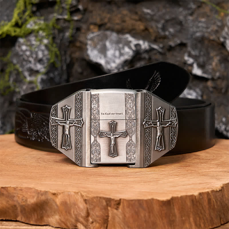 Men's DIY Jesus Cross Leather Belt with Hidden Lighter