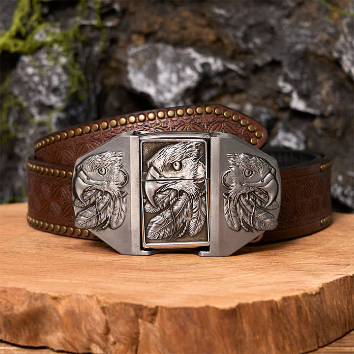 Men's DIY Silver Triple Eagle Leather Belt with Hidden Lighter