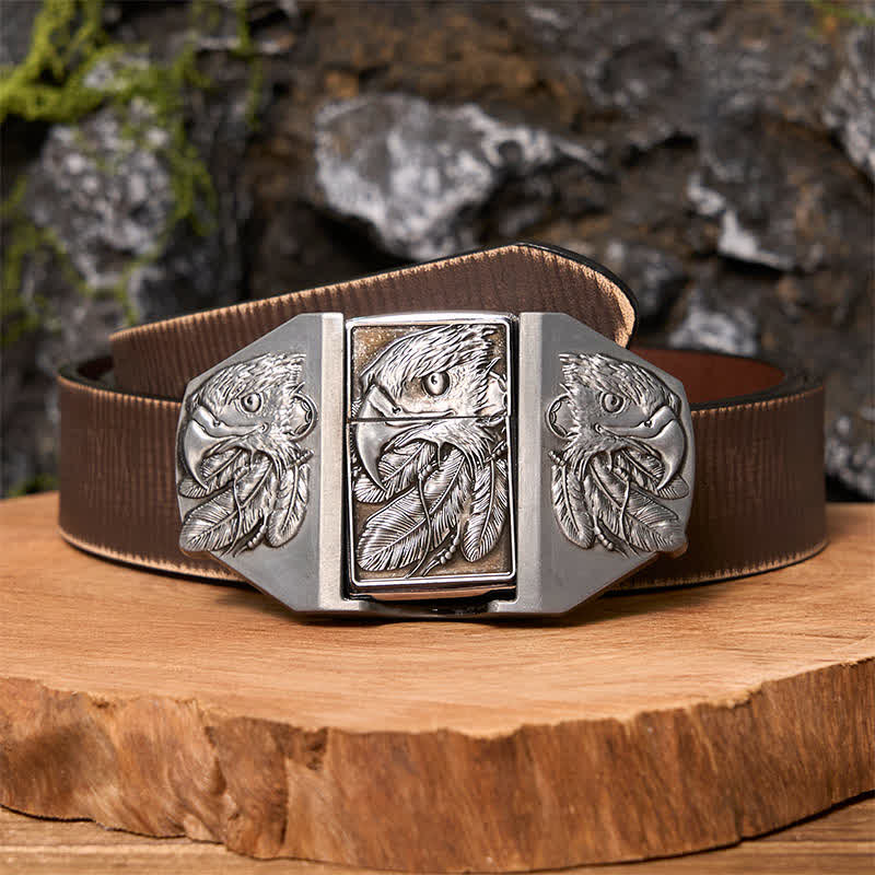 Men's DIY Silver Triple Eagle Leather Belt with Hidden Lighter