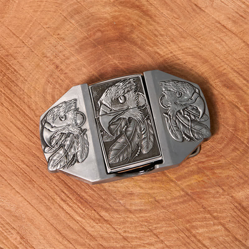 Men's DIY Silver Triple Eagle Leather Belt with Hidden Lighter