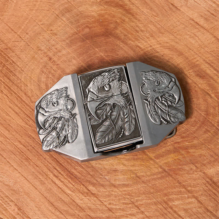 Men's DIY Silver Triple Eagle Leather Belt with Hidden Lighter