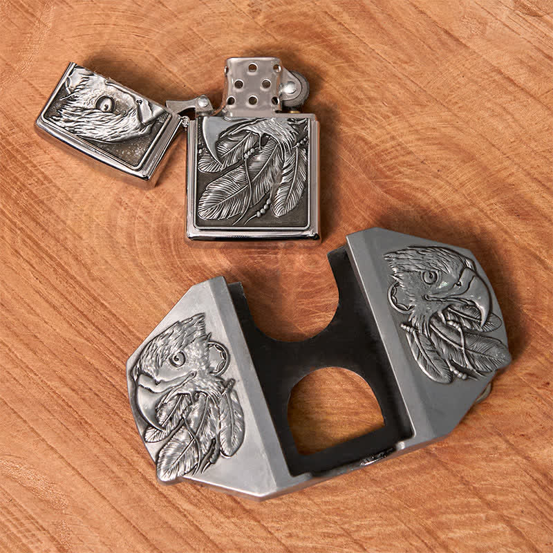 Men's DIY Silver Triple Eagle Leather Belt with Hidden Lighter