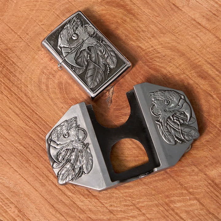 Men's DIY Silver Triple Eagle Leather Belt with Hidden Lighter