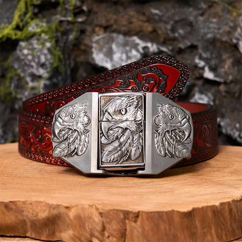 Men's DIY Silver Triple Eagle Leather Belt with Hidden Lighter