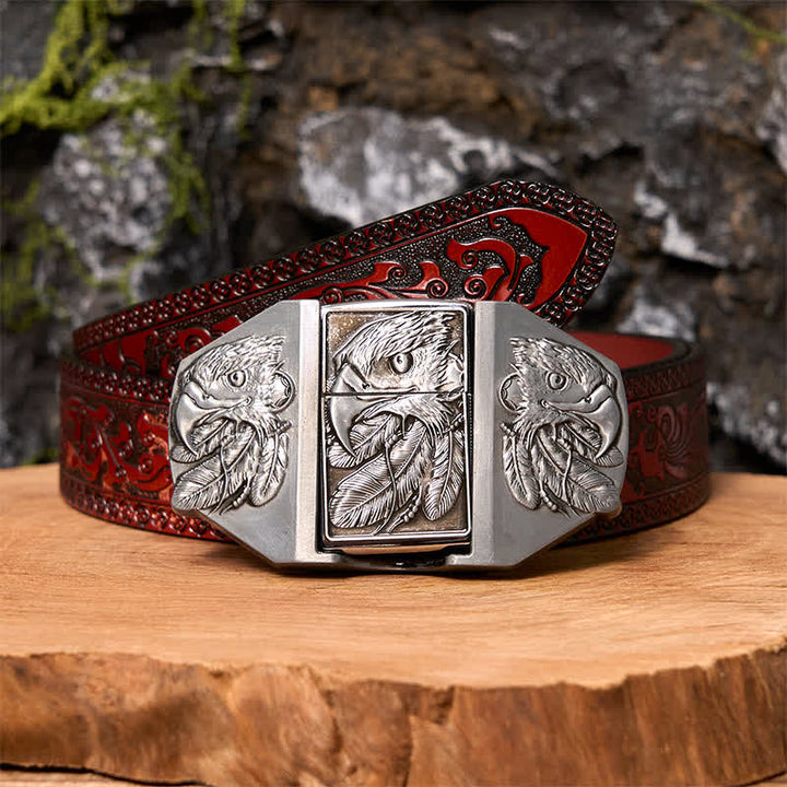 Men's DIY Silver Triple Eagle Leather Belt with Hidden Lighter