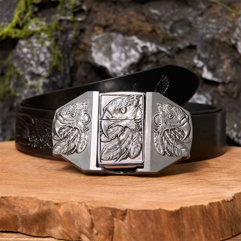 Men's DIY Silver Triple Eagle Leather Belt with Hidden Lighter