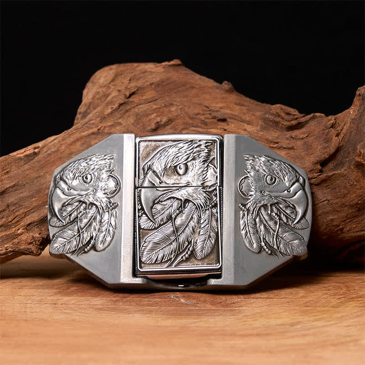 Men's DIY Silver Triple Eagle Leather Belt with Hidden Lighter