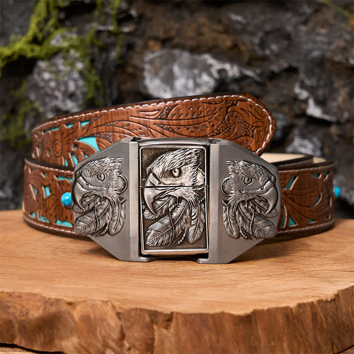 Men's DIY Silver Triple Eagle Leather Belt with Hidden Lighter - Eagle - Turquoise Carved Belt - 42 - image 5