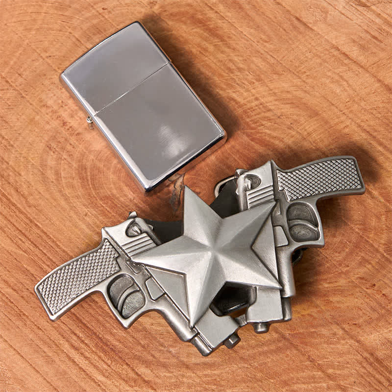 Men's DIY Dual Guns & Star Leather Belt with Hidden Lighter