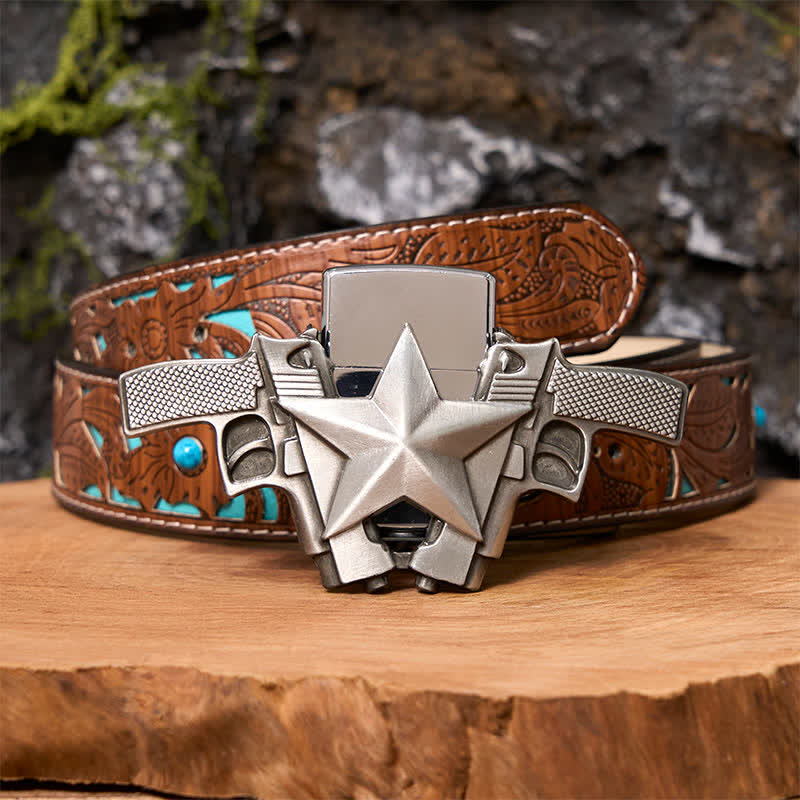 Men's DIY Dual Guns & Star Leather Belt with Hidden Lighter - Dual Guns - Turquoise Carved Belt - 42 - image 5