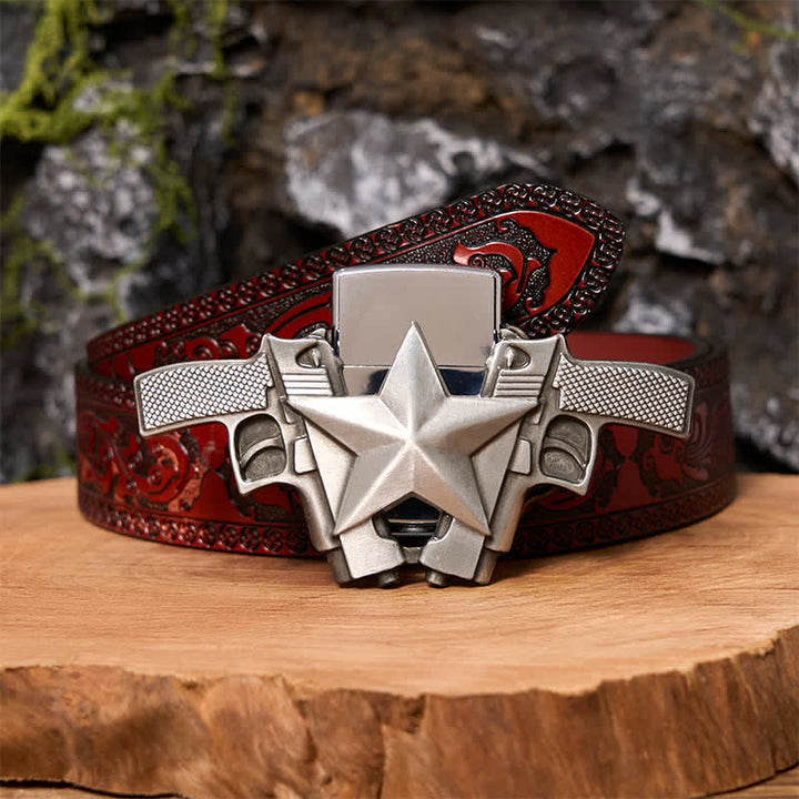 Men's DIY Dual Guns & Star Leather Belt with Hidden Lighter - Dual Guns - Brown Carved Belt - 42 - image 8