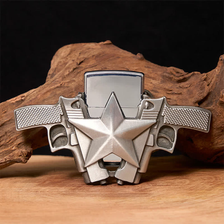 Men's DIY Dual Guns & Star Leather Belt with Hidden Lighter