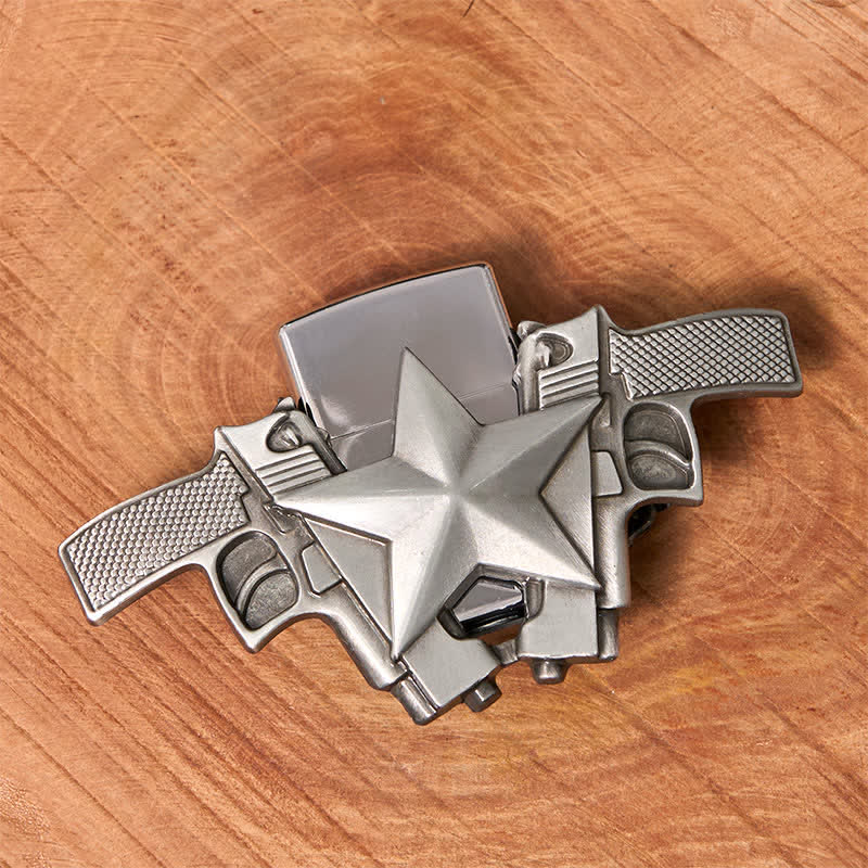 Men's DIY Dual Guns & Star Leather Belt with Hidden Lighter