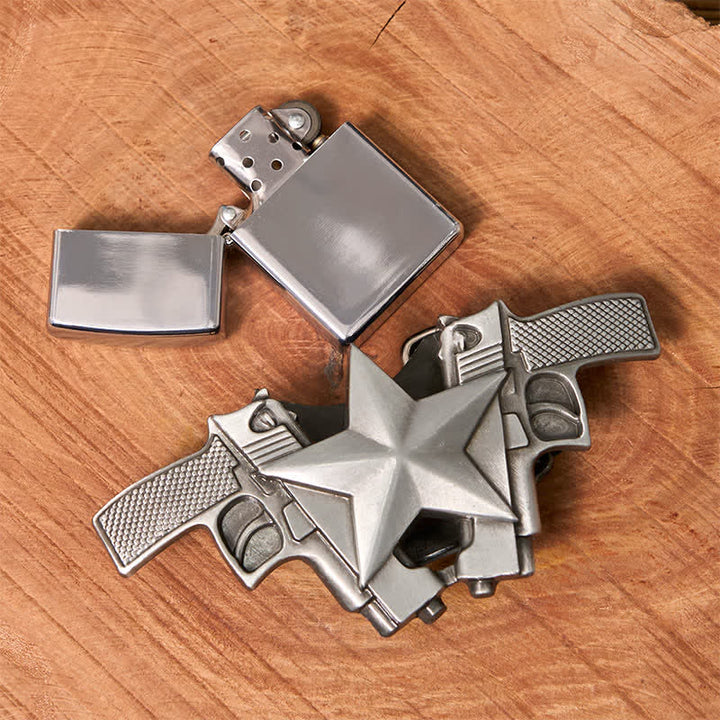 Men's DIY Dual Guns & Star Leather Belt with Hidden Lighter