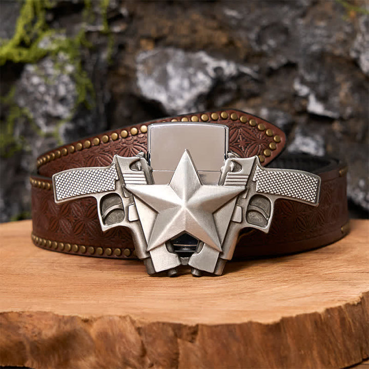 Men's DIY Dual Guns & Star Leather Belt with Hidden Lighter