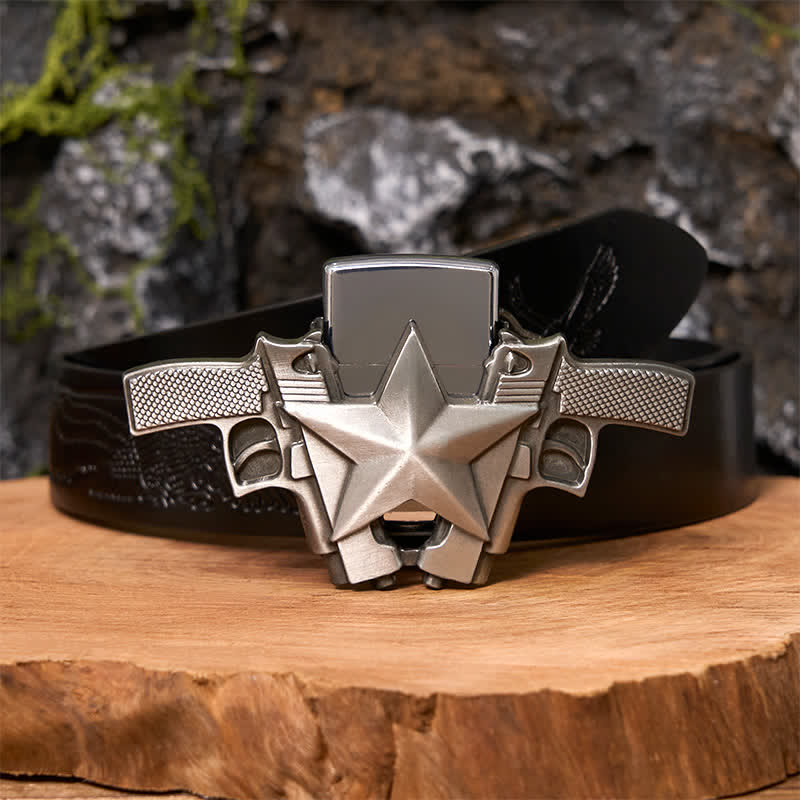 Men's DIY Dual Guns & Star Leather Belt with Hidden Lighter