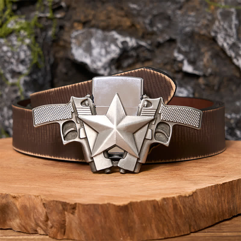 Men's DIY Dual Guns & Star Leather Belt with Hidden Lighter - Dual Guns - Brown Distressed Belt - 42 - image 7