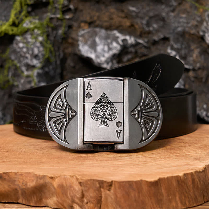 Men's DIY Lucky ACE Poker Leather Belt with Hidden Lighter - Poker - Black Embossed Eagle Belt - 42 - image 4
