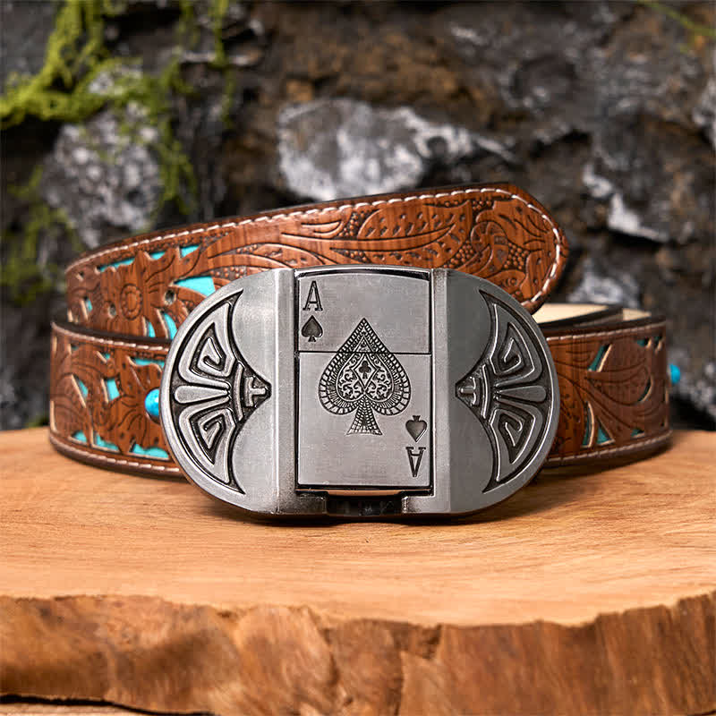 Men's DIY Lucky ACE Poker Leather Belt with Hidden Lighter - Poker - Turquoise Carved Belt - 42 - image 5