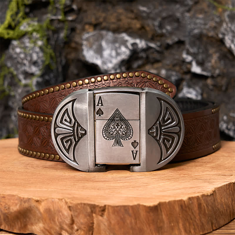 Men's DIY Lucky ACE Poker Leather Belt with Hidden Lighter - Poker - Brown Rivet Belt - 42 - image 6