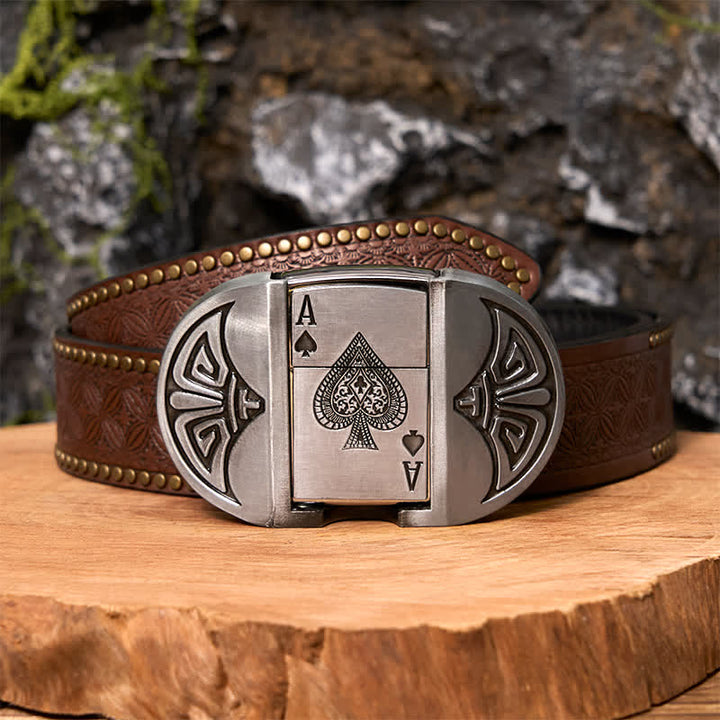 Men's DIY Lucky ACE Poker Leather Belt with Hidden Lighter