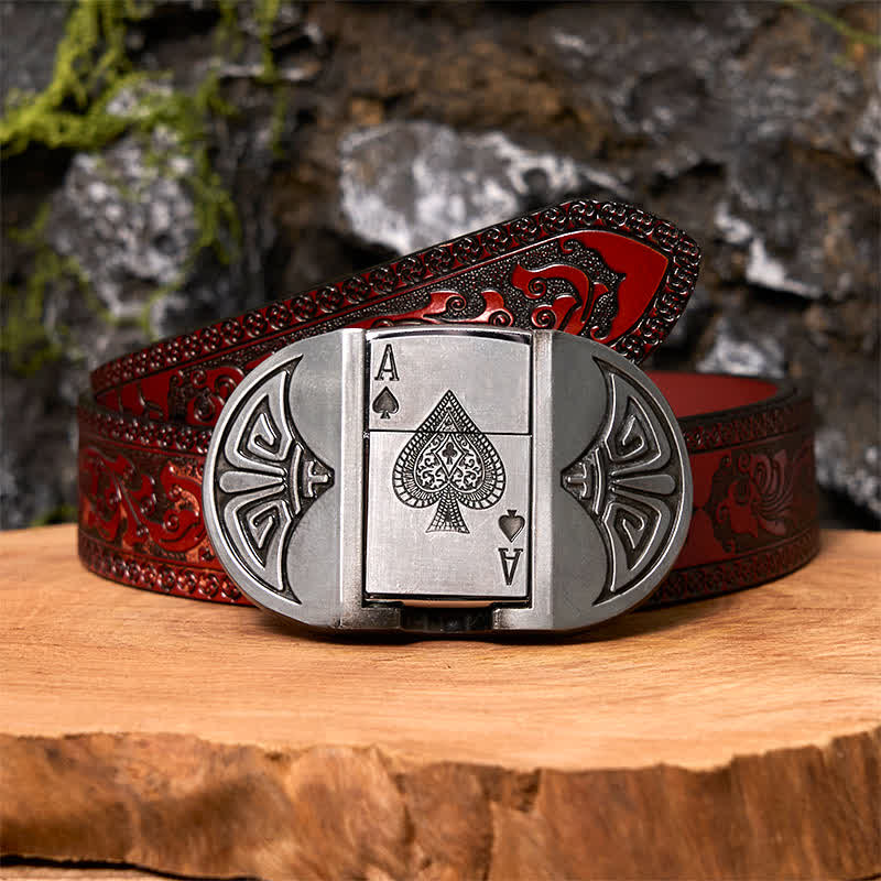 Men's DIY Lucky ACE Poker Leather Belt with Hidden Lighter - Poker - Brown Carved Belt - 42 - image 8