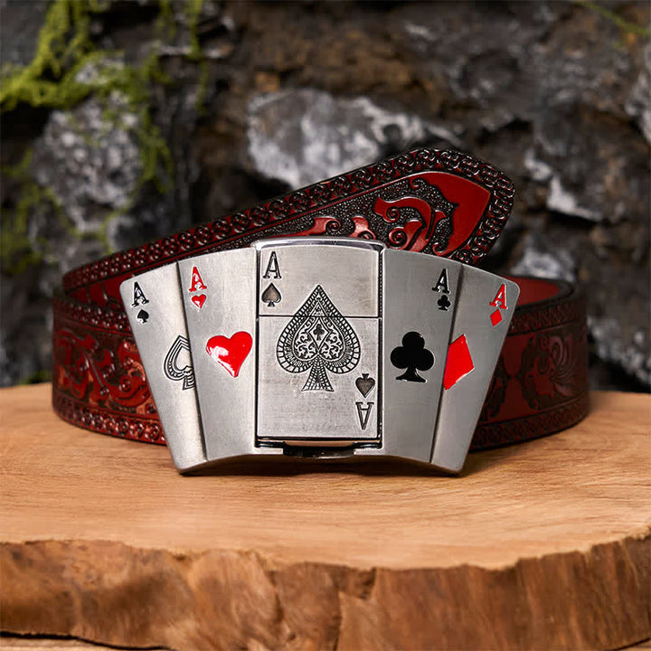 Men's DIY 4 Aces Poker Leather Belt with Hidden Lighter - 4 Aces - Brown Carved Belt - 42 - image 8