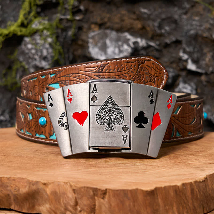 Men's DIY 4 Aces Poker Leather Belt with Hidden Lighter - 4 Aces - Turquoise Carved Belt - 42 - image 5