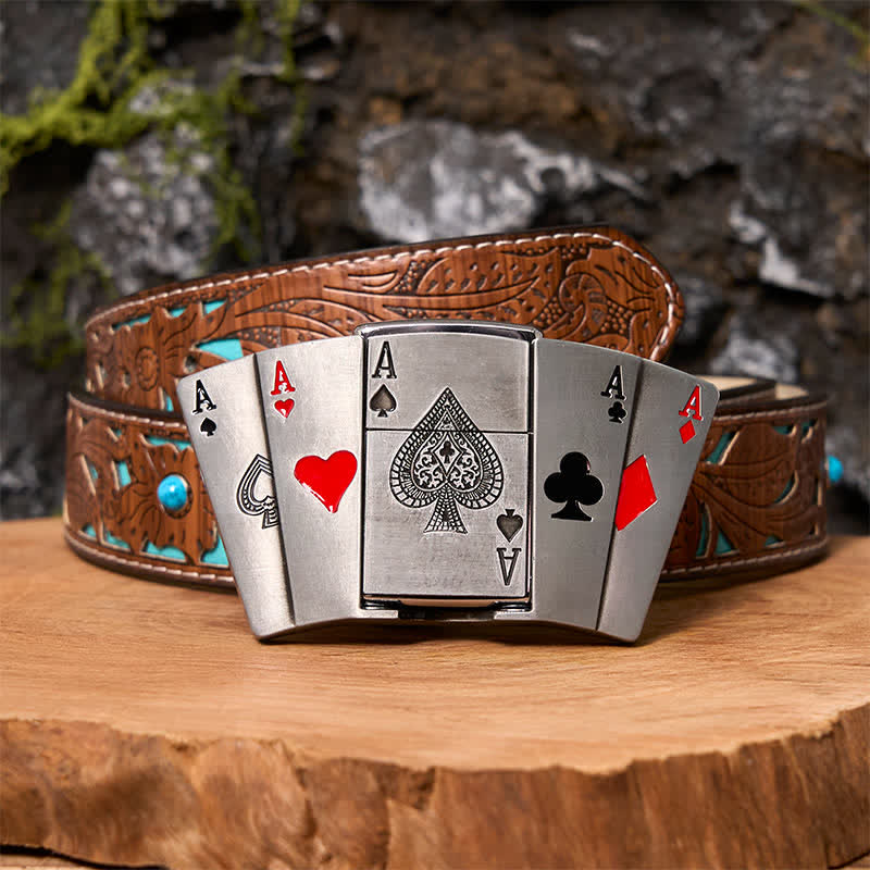 Men's DIY 4 Aces Poker Leather Belt with Hidden Lighter - 4 Aces - Turquoise Carved Belt - 42 - image 5
