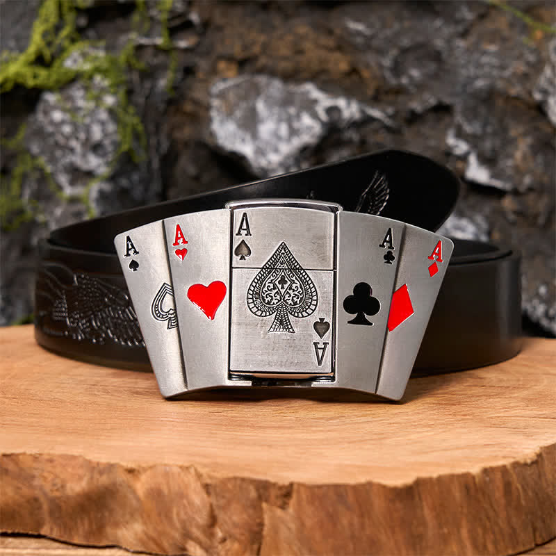 Men's DIY 4 Aces Poker Leather Belt with Hidden Lighter - 4 Aces - Black Embossed Eagle Belt - 42 - image 4