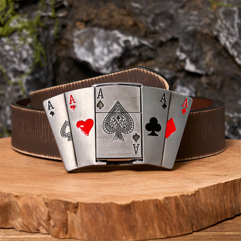 Men's DIY 4 Aces Poker Leather Belt with Hidden Lighter
