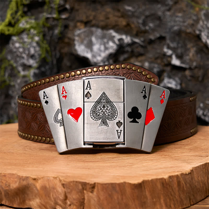 Men's DIY 4 Aces Poker Leather Belt with Hidden Lighter