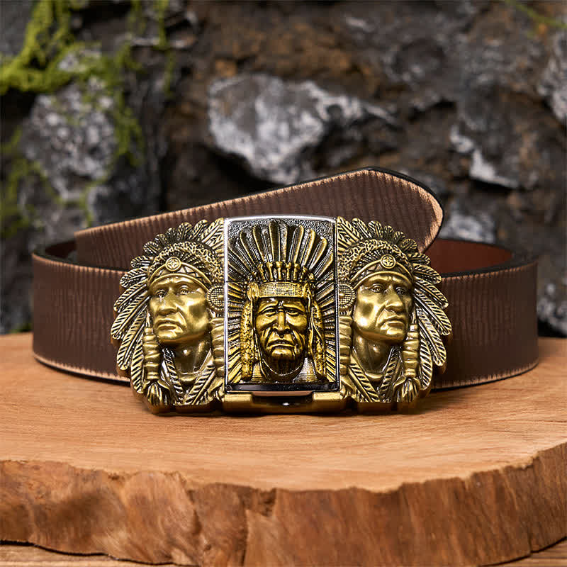 Men's DIY Indian Chief Head Leather Belt with Hidden Lighter