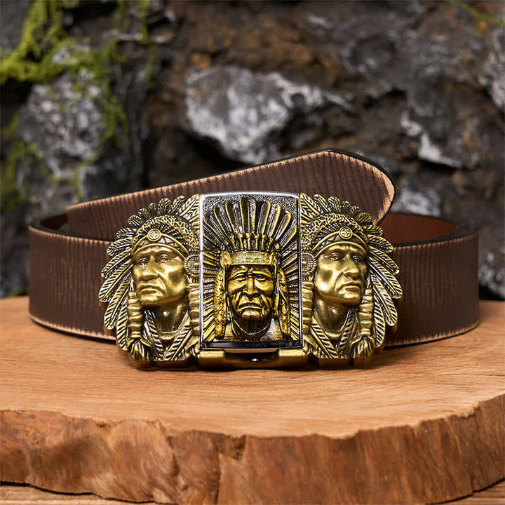 Men's DIY Indian Chief Head Leather Belt with Hidden Lighter