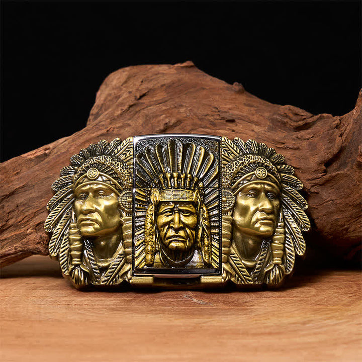 Men's DIY Indian Chief Head Leather Belt with Hidden Lighter
