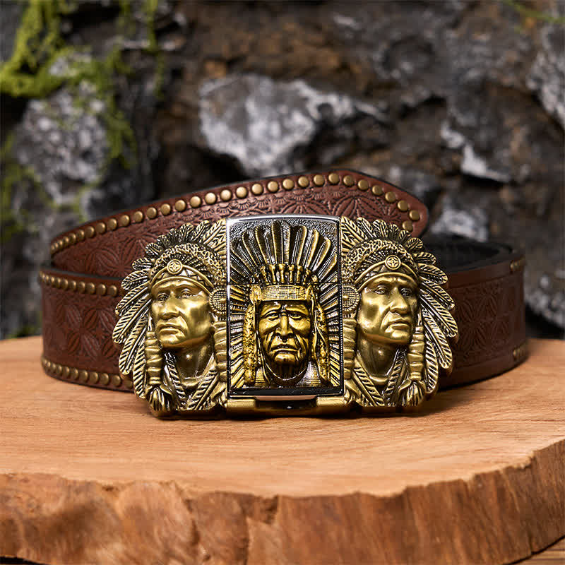 Men's DIY Indian Chief Head Leather Belt with Hidden Lighter