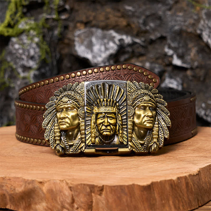 Men's DIY Indian Chief Head Leather Belt with Hidden Lighter