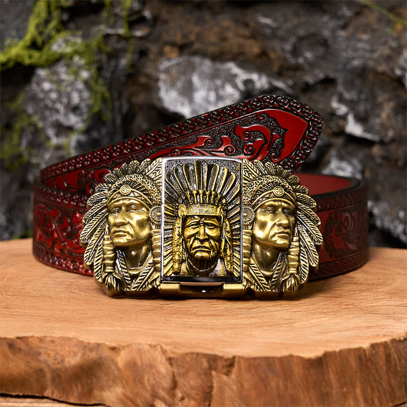 Men's DIY Indian Chief Head Leather Belt with Hidden Lighter