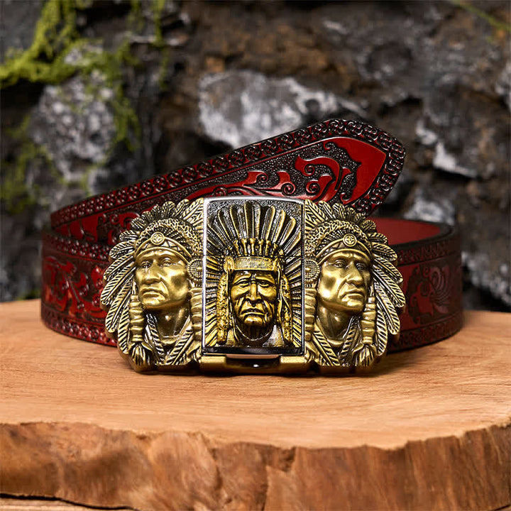 Men's DIY Indian Chief Head Leather Belt with Hidden Lighter