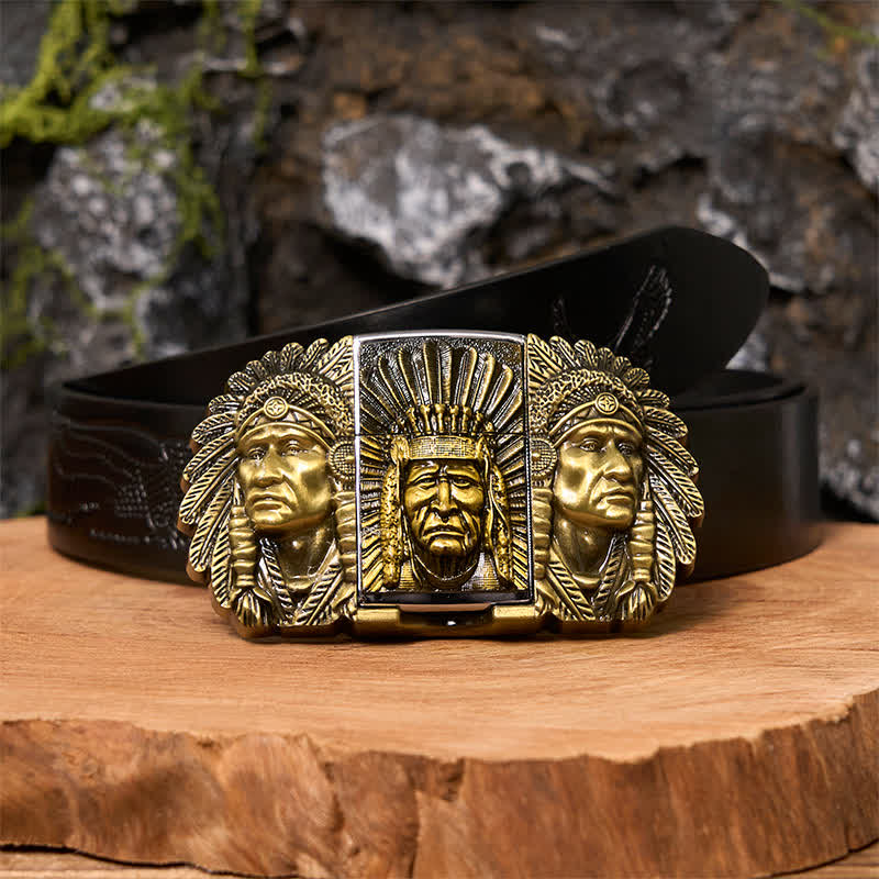 Men's DIY Indian Chief Head Leather Belt with Hidden Lighter
