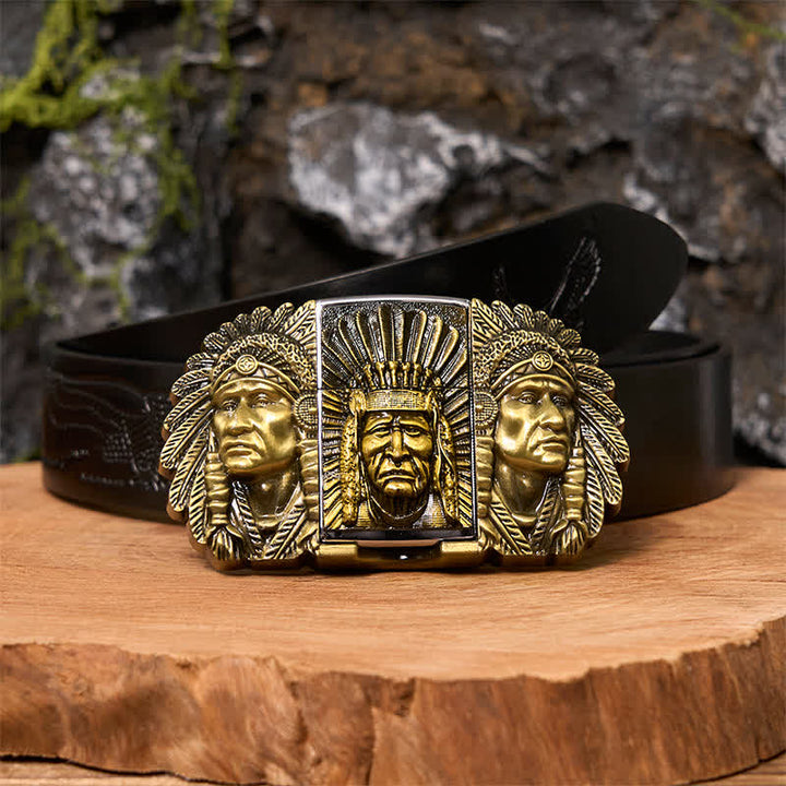 Men's DIY Indian Chief Head Leather Belt with Hidden Lighter